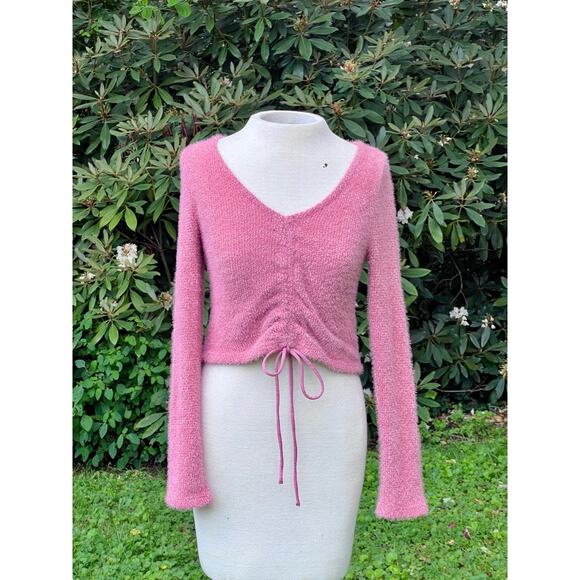 ALtar'd State Super Soft V Neck Mauve Ruched Tie Front Crop Sweater S - Picture 1 of 9
